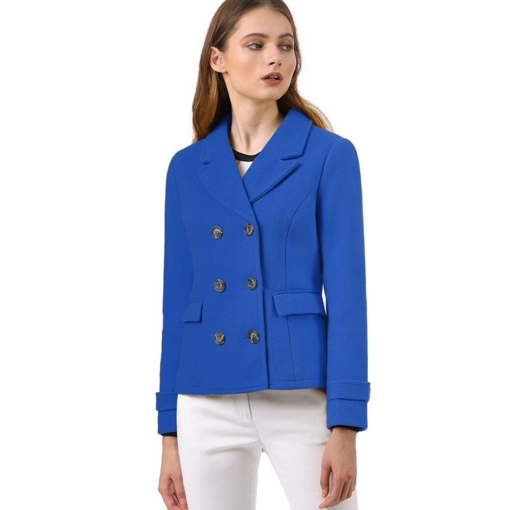 Notched Lapel Double Breasted Pea Coat Royal Blue